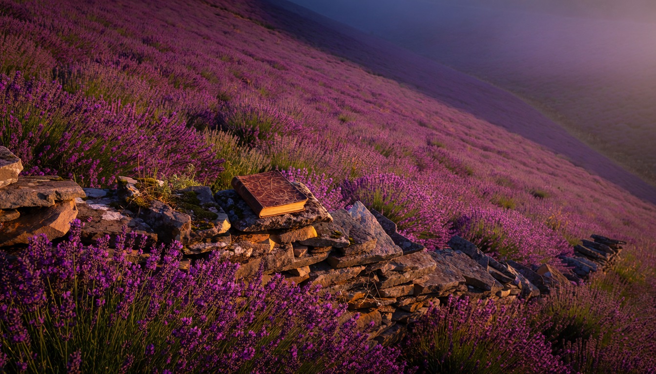 A hillside covered in purple heather spilling over old stones in soft evening light