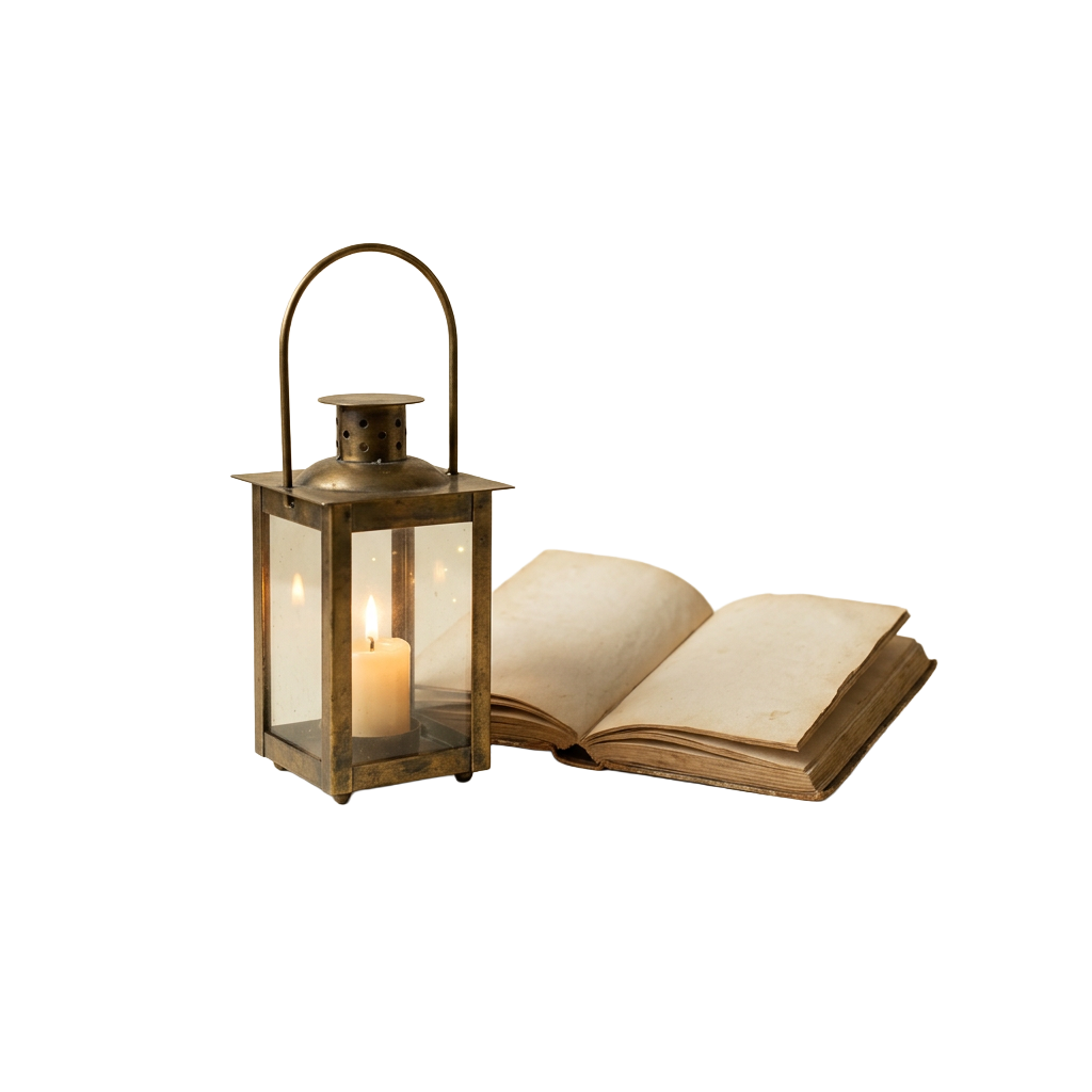 A brass lantern beside an open storybook