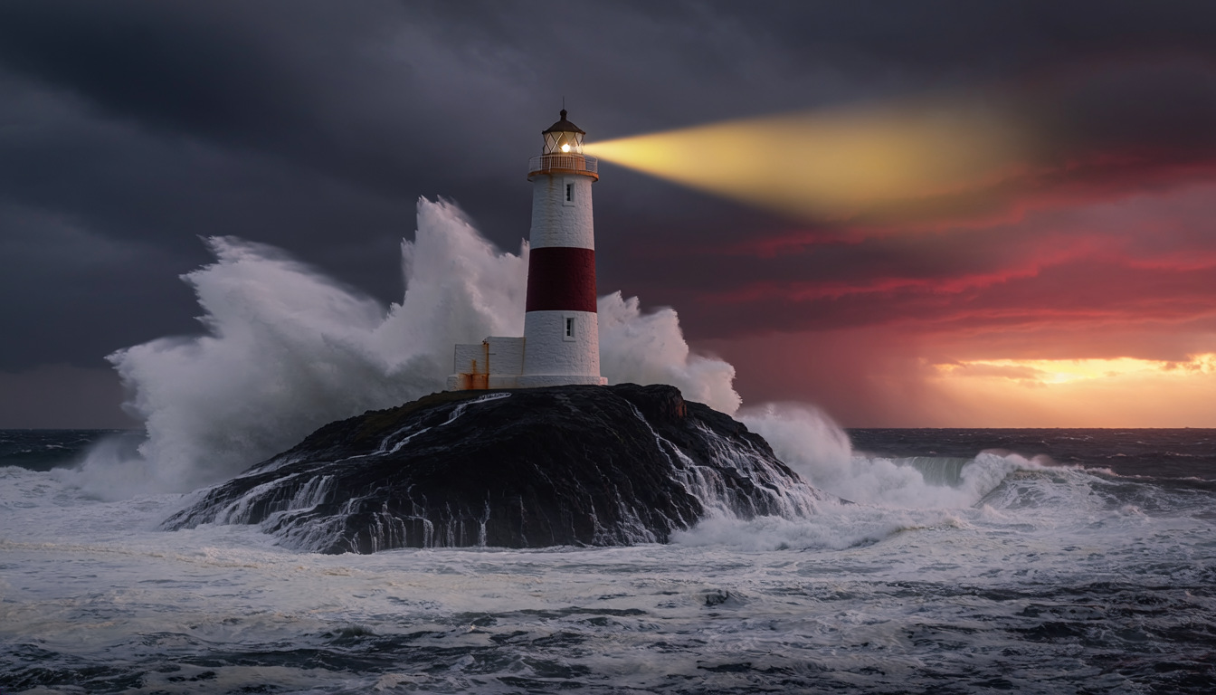 A lighthouse on a dark headland as storm waves break over it under a crimson sky