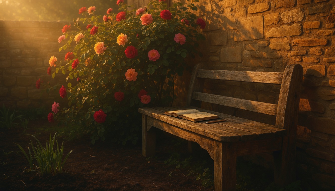 A timber garden bench beside a stone wall covered in red roses, a book resting on the seat