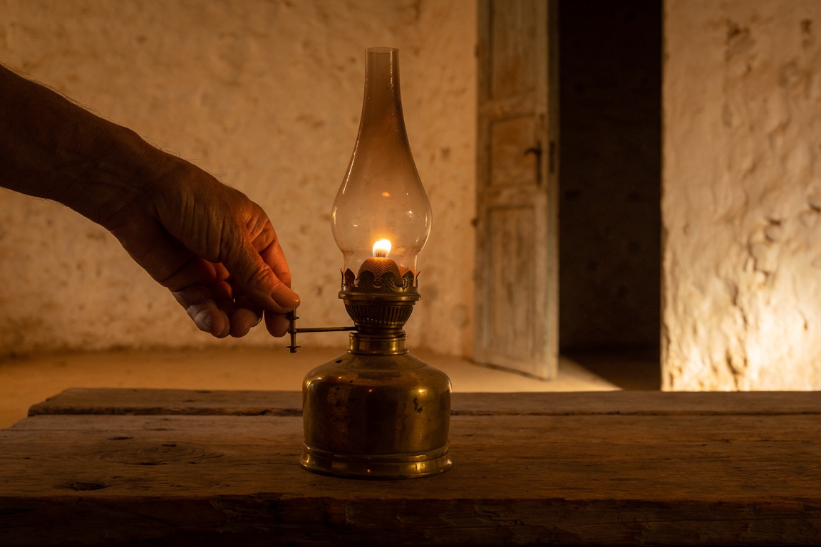 A hand reaching for the key of an oil lamp on a table beside an open door