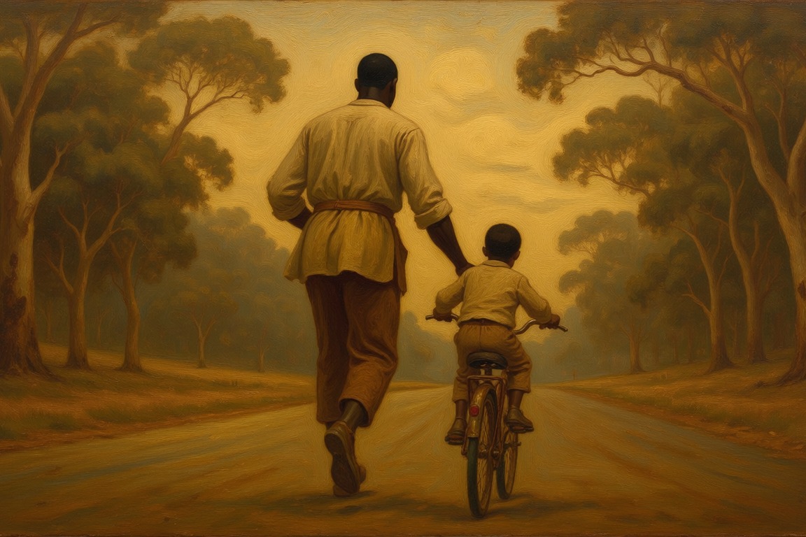 A father running beside his young son as the boy rides a bicycle down a tree-lined road
