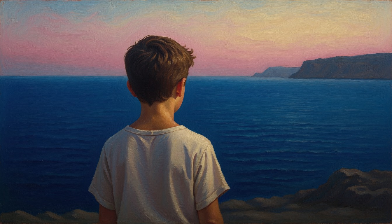 A young boy seen from behind looking out at an empty sea at dusk