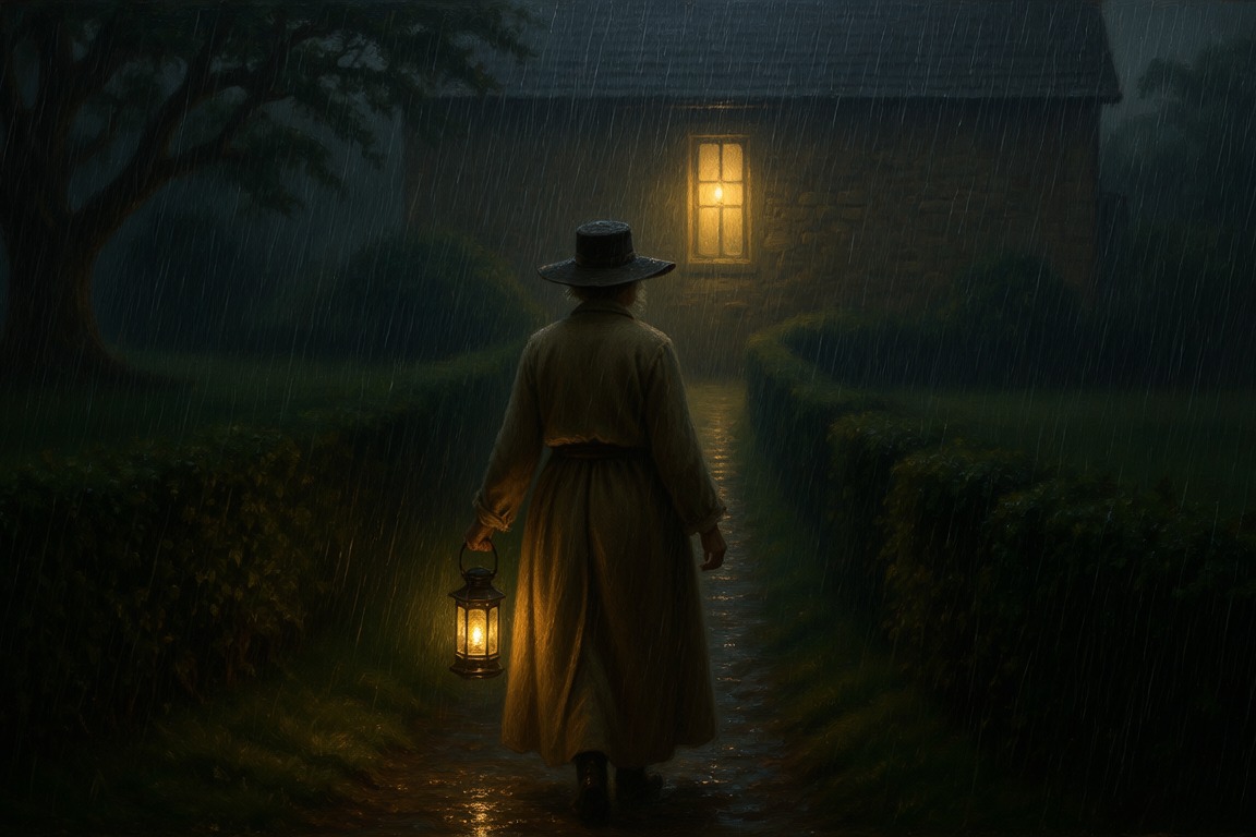 A figure in a wide-brimmed hat carrying a lantern, walking up a rainy path toward a farmhouse at night