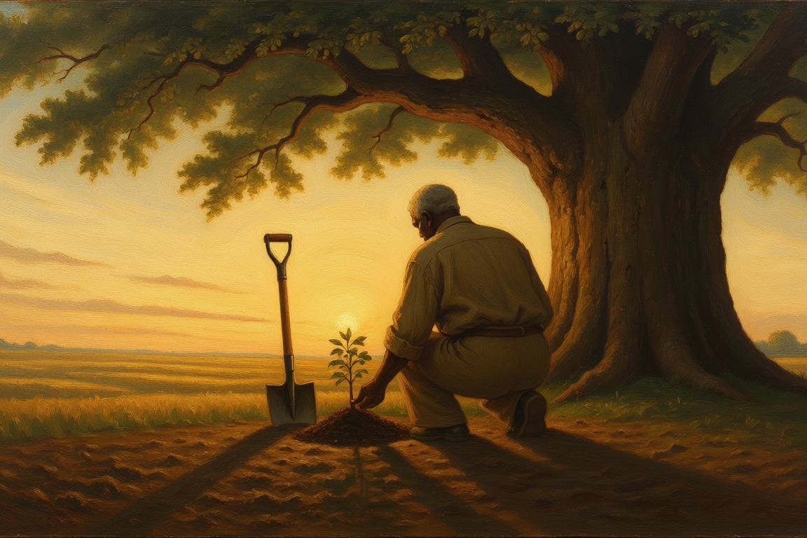 An older man kneeling beneath a great tree, planting a sapling, a spade standing beside him