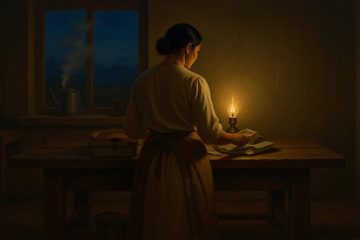 A woman seen from behind at a kitchen table by candlelight before dawn