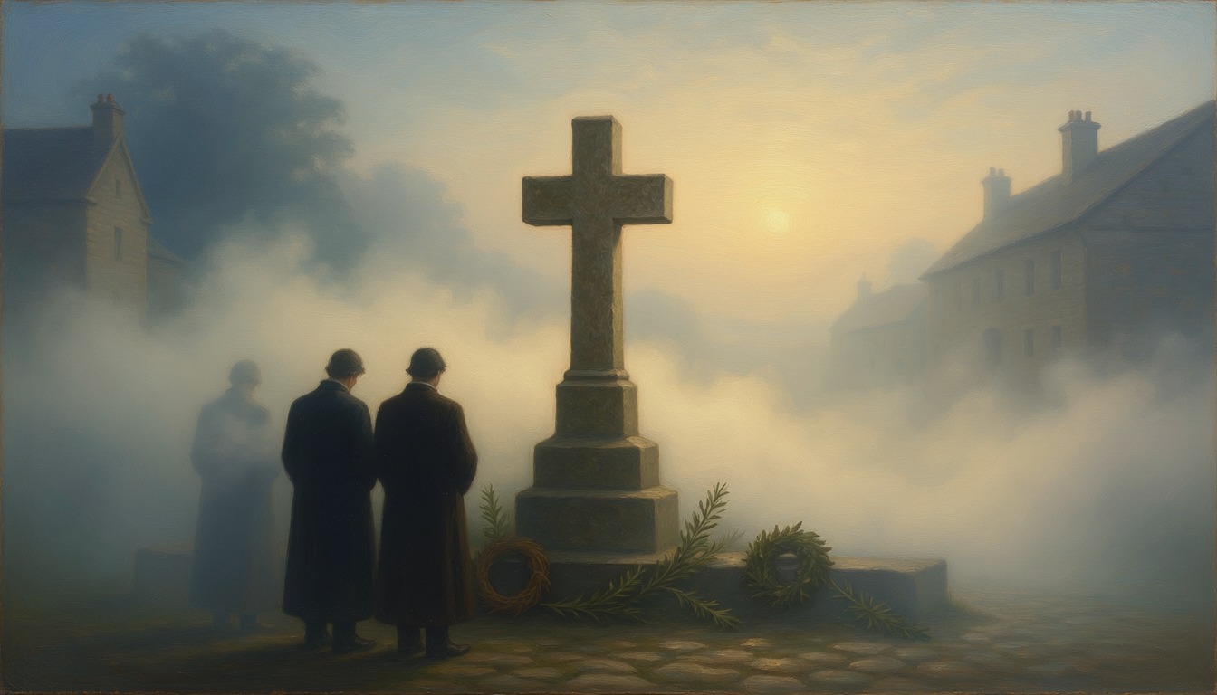 Figures in coats standing in the dawn mist before a stone memorial cross with wreaths at its base