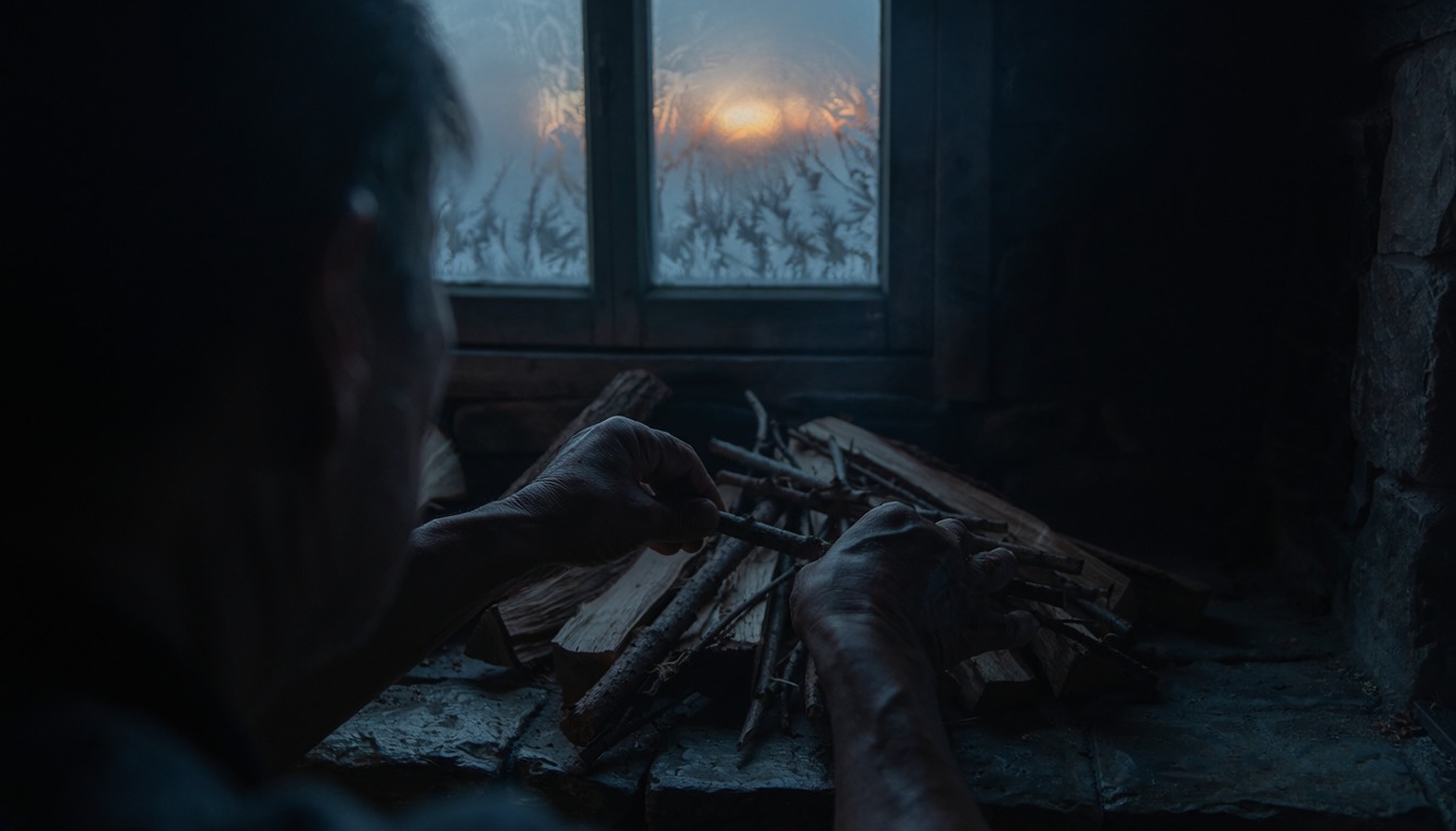 Hands laying kindling in a fireplace before dawn, frost on the window behind