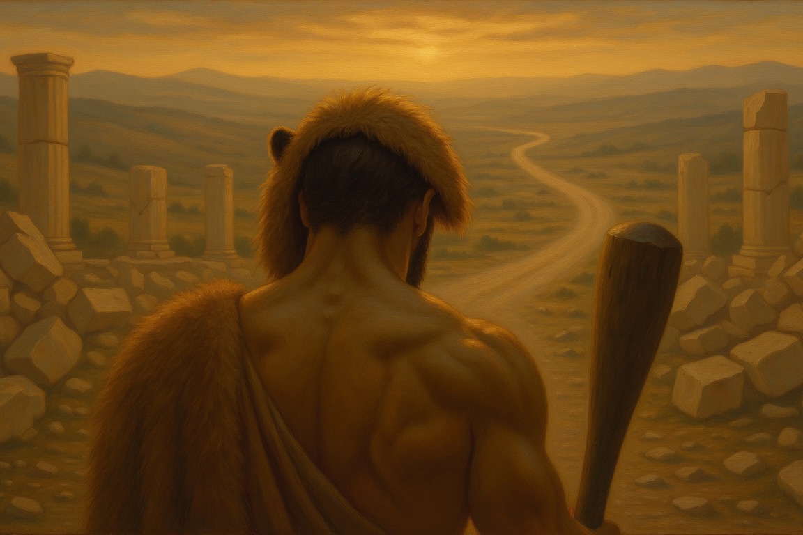 Heracles seen from behind with a lion skin over his shoulders and a club in hand, looking down a winding road