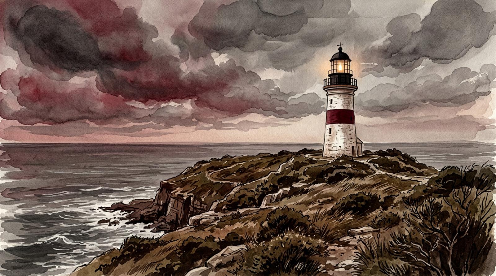 Poster frame: the lighthouse on its headland at dusk