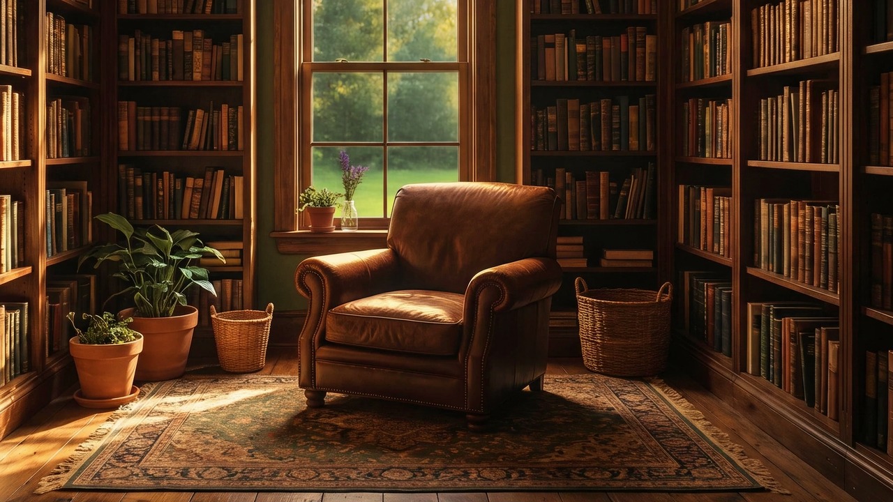 A leather armchair by a window in a book-lined library