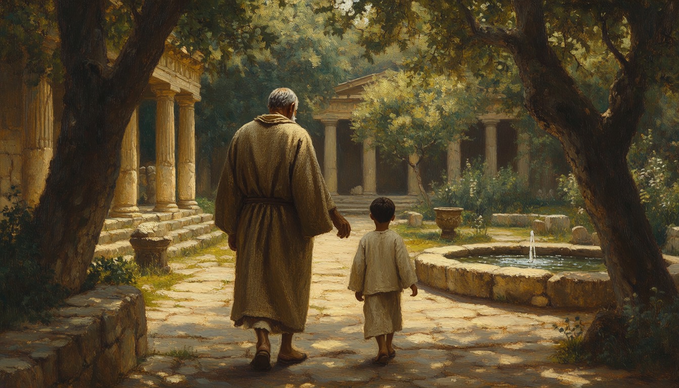 An old teacher in a robe walking with a young boy through a garden of olive trees and stone columns