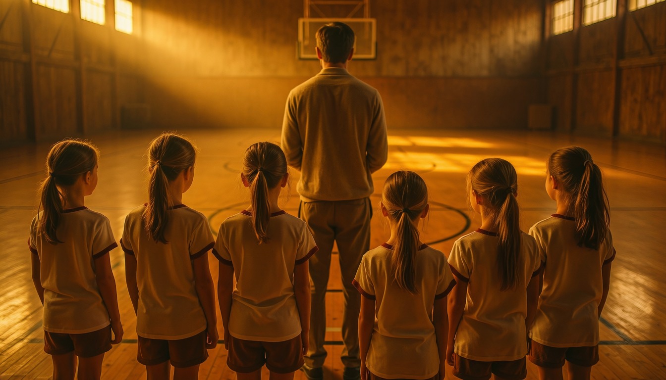A basketball coach seen from behind standing with a group of young girls in matching uniforms on a sunlit timber court