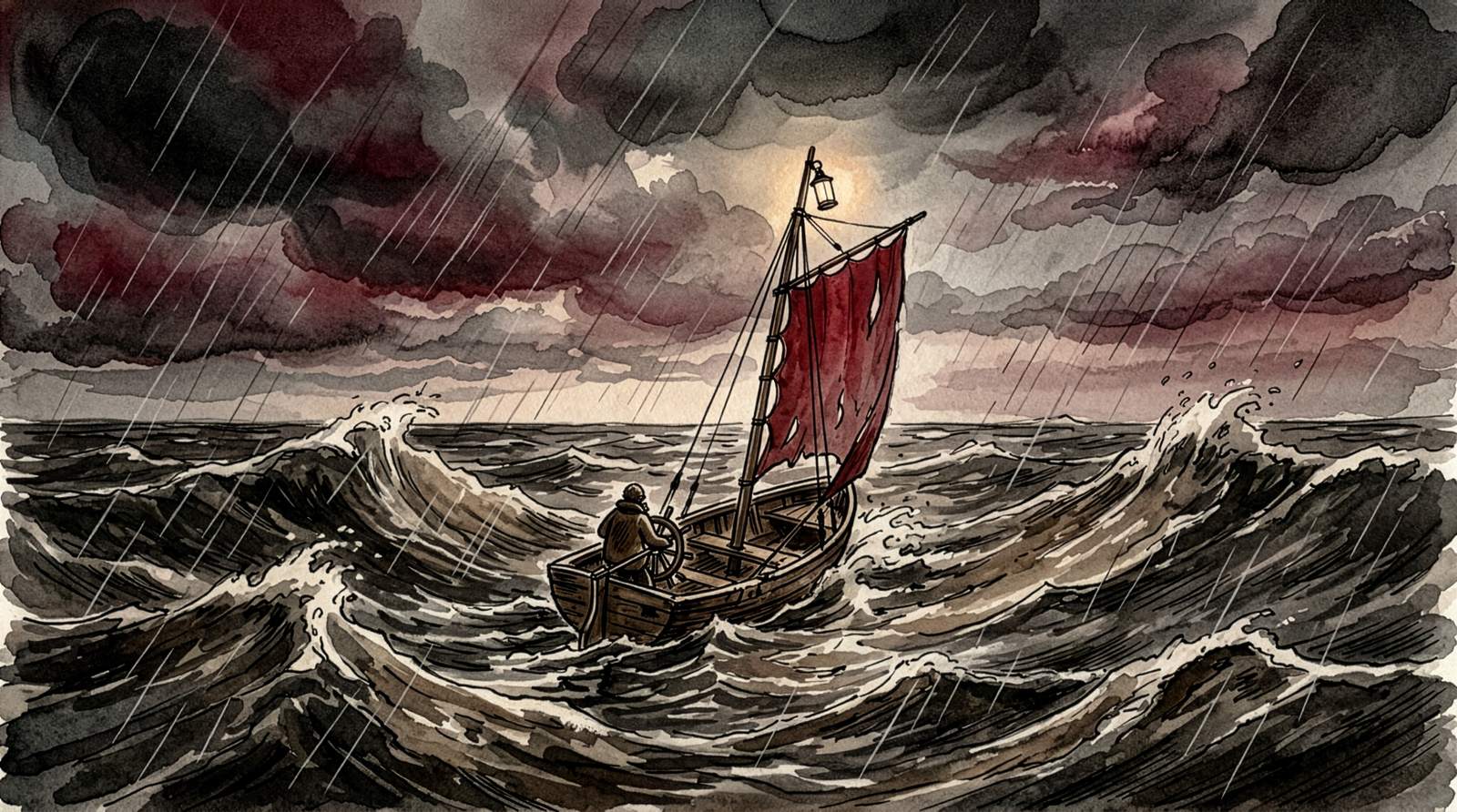 A small boat with a red sail in heavy seas