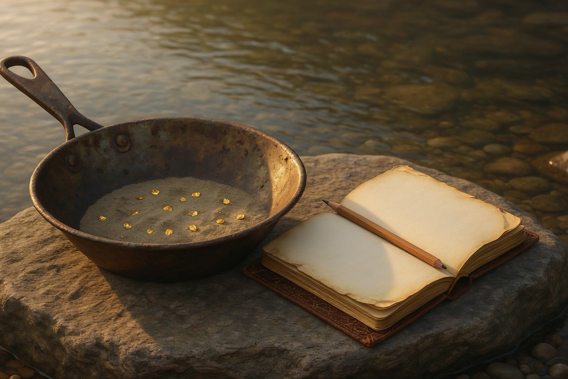 A gold pan and an open journal with a pencil resting together on a stone