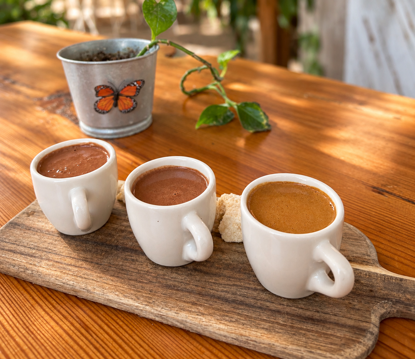 Three cups of ceremonial cacao on a wooden board in warm morning light