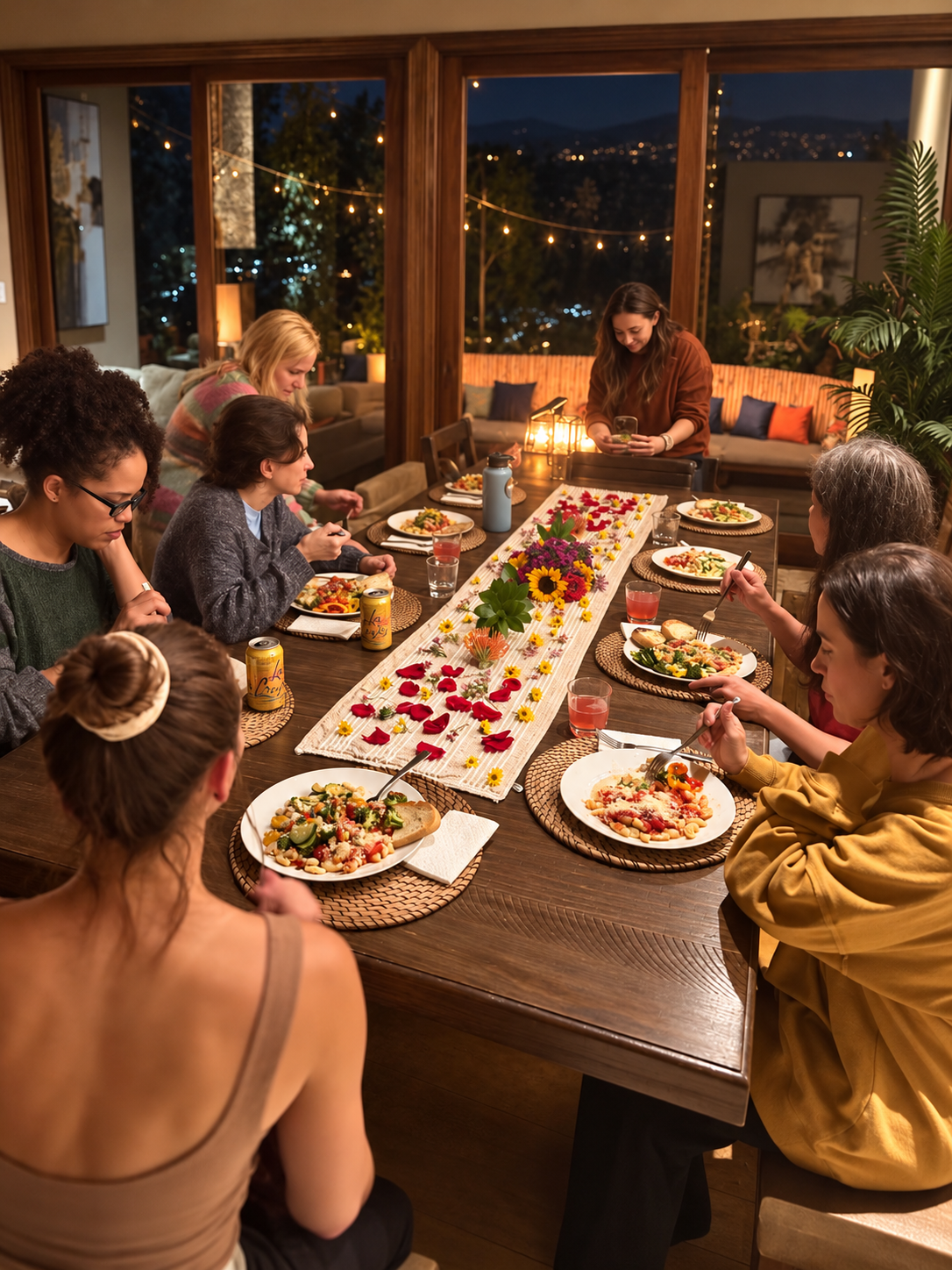 Women sharing a candlelit dinner at a long table scattered with flower petals