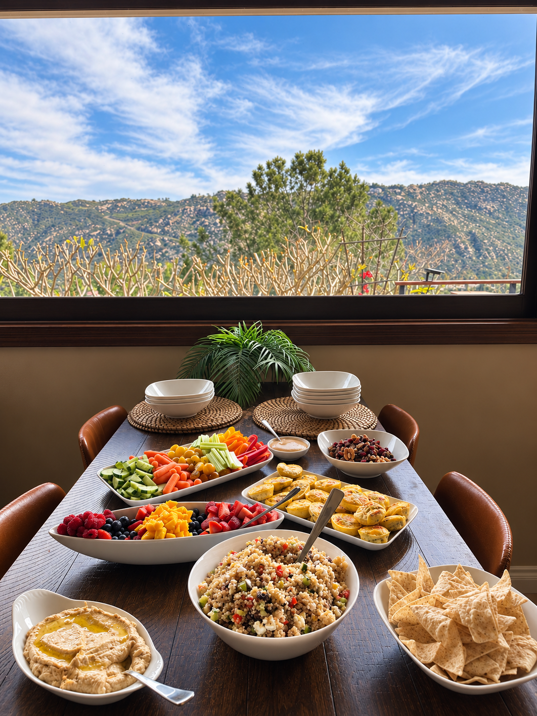 A colorful spread of fresh fruit, vegetables, salads and frittatas by a sunny window