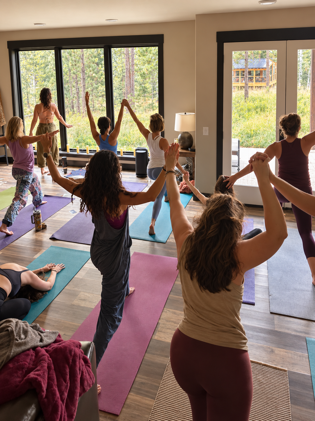 A room full of women in a joyful yoga practice, holding hands overhead