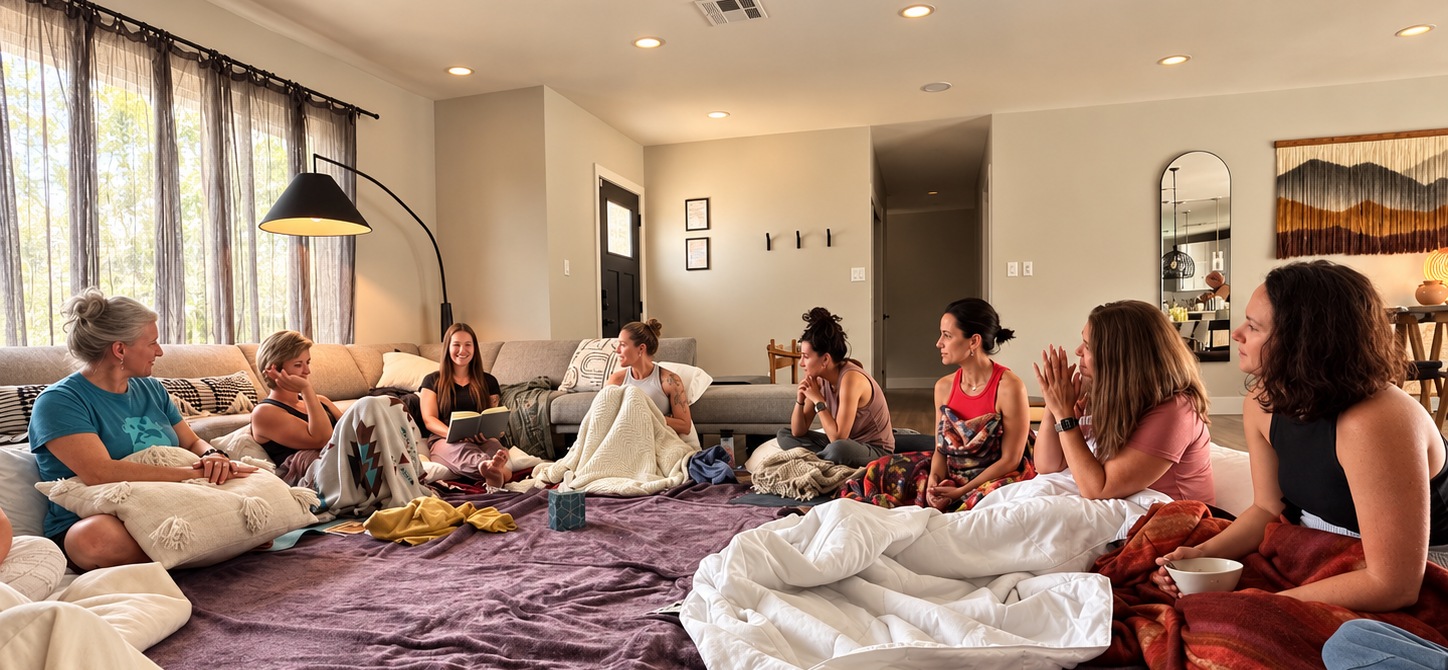 Women gathered in a circle on soft blankets, listening and laughing together