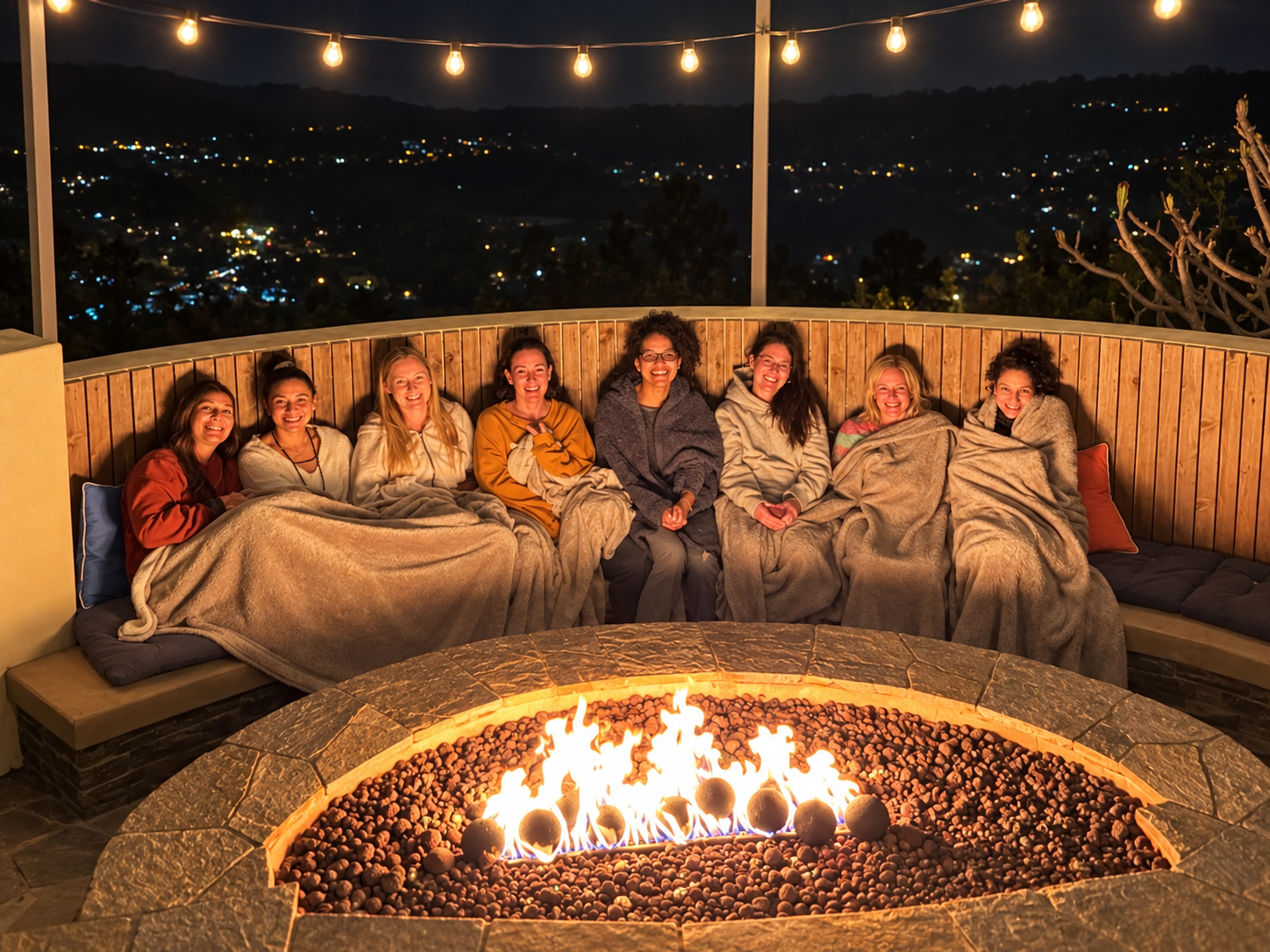 A row of smiling women wrapped in blankets around a fire pit under string lights
