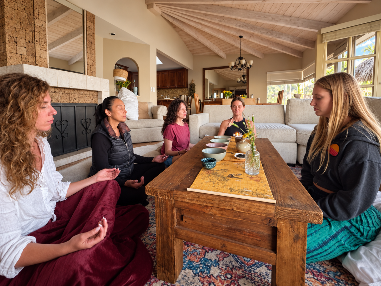 Women sitting in stillness around a low wooden table set for a tea ceremony