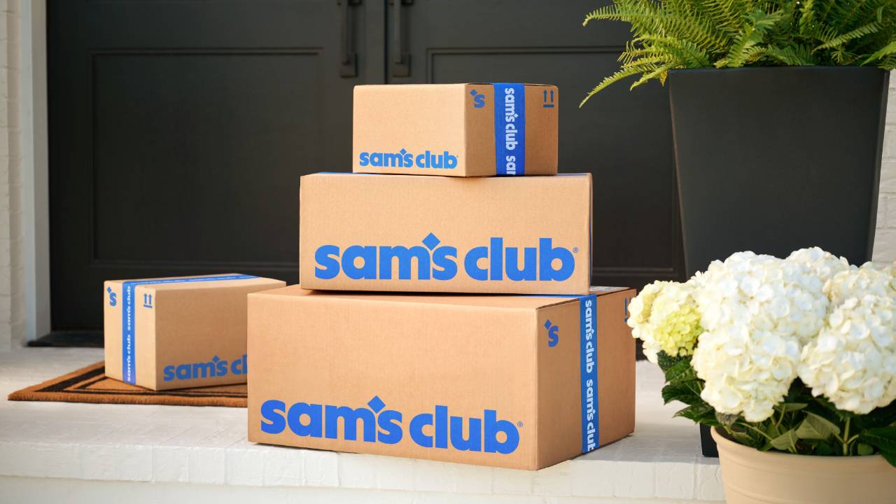 Sam's Club boxes delivered at a door.