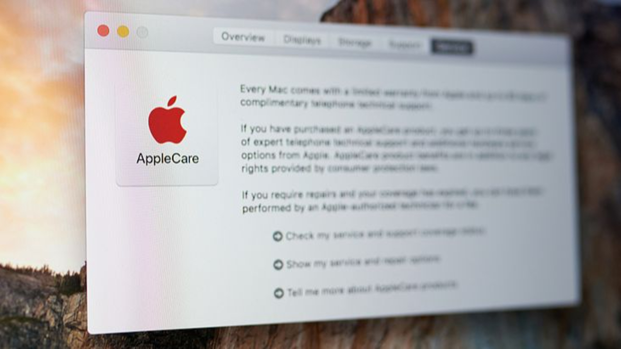 AppleCare information displayed on a Mac screen