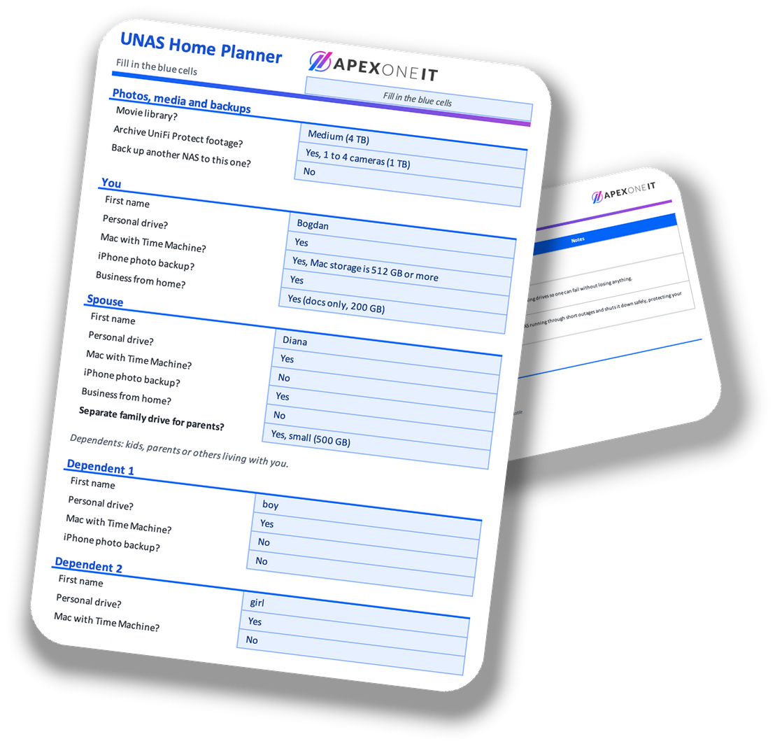 UNAS Home Planner preview — Questions and Your Plan sheets