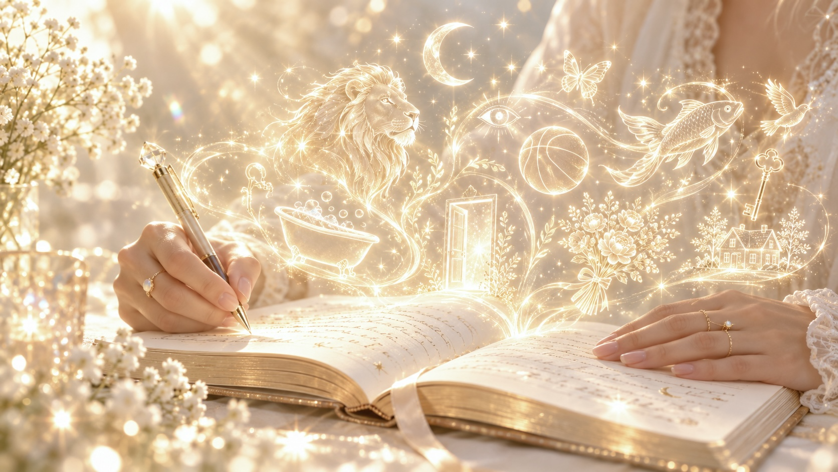 Woman writing in a dream journal as glowing dream symbols rise from the pages