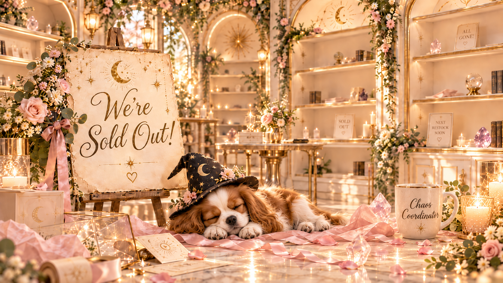 Sleeping dog in a wizard hat beside a "We're Sold Out!" sign in a cozy mystical shop