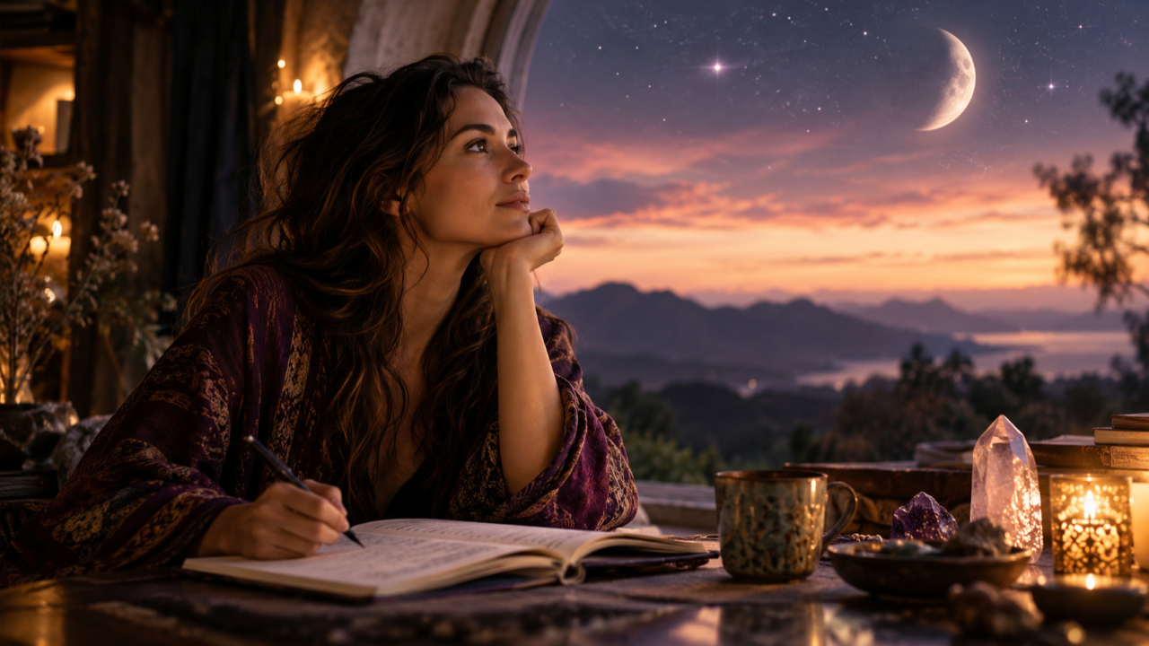 A woman in a plum and gold patterned robe rests her chin on her hand and gazes at a crescent moon over a twilight mountain view while writing in an open dream journal, surrounded by candlelight, crystals, and a ceramic mug.