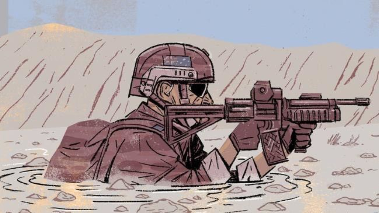 Illustration of soldier in mud with a gun