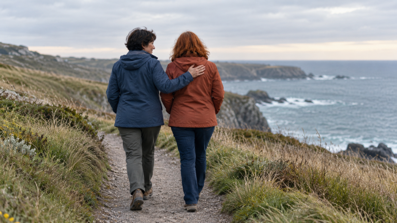 Two women walking along a coastal path, one resting a reassuring hand on the other’s shoulder