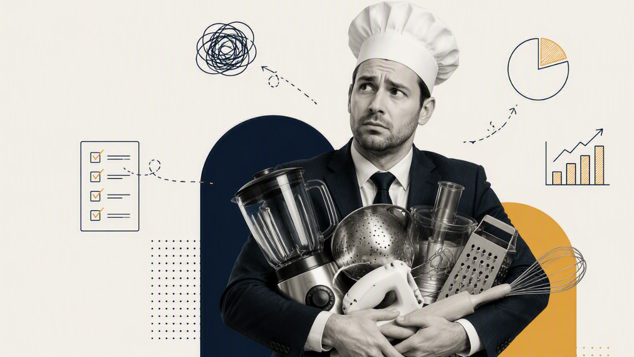 Most organizations don't need more AI tools. A practical guide to AI tool selection that starts with your tech stack, identifies real gaps, and prevents AI tool sprawl. Man in black and white photo wearing a suit holding several kitchen gadgets.  