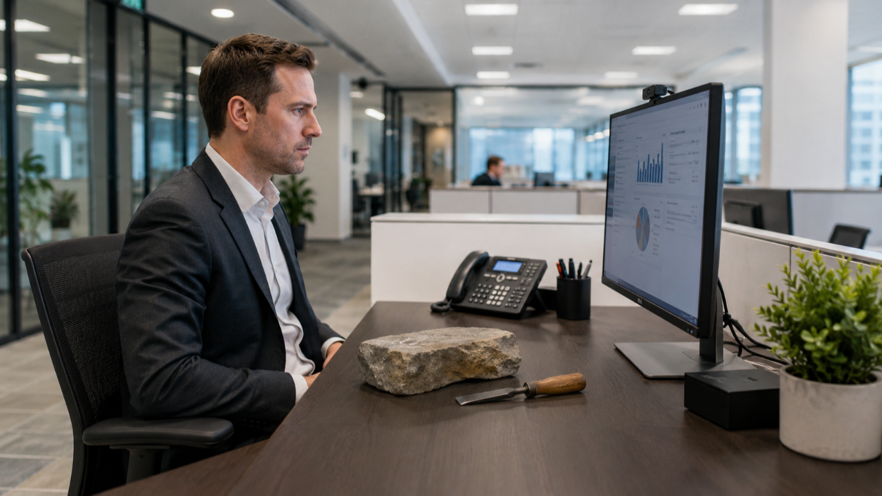 AI tools are table stakes- withholding AI is like having an employee try to type without a keyboard.  Man sitting at computer with a stone and chisel instead of a keyboard 
