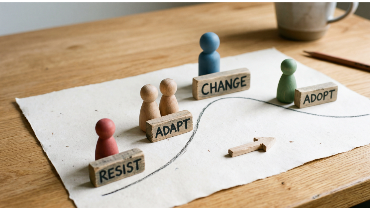 Where Is Your Team on the AI Adoption Curve? Image of adoption curve written on paper with resist, adopt, change, and accept