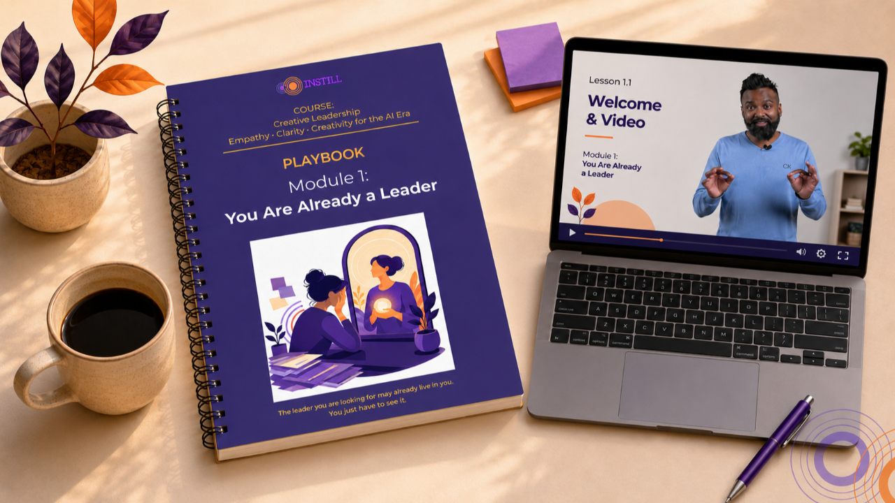 A stylised course graphic in INSTILL purple, lilac and orange shows the Creative Leadership playbook beside a laptop where Rama Gheerawo is teaching, with a coffee cup, plant, pen and notes arranged in warm morning light.