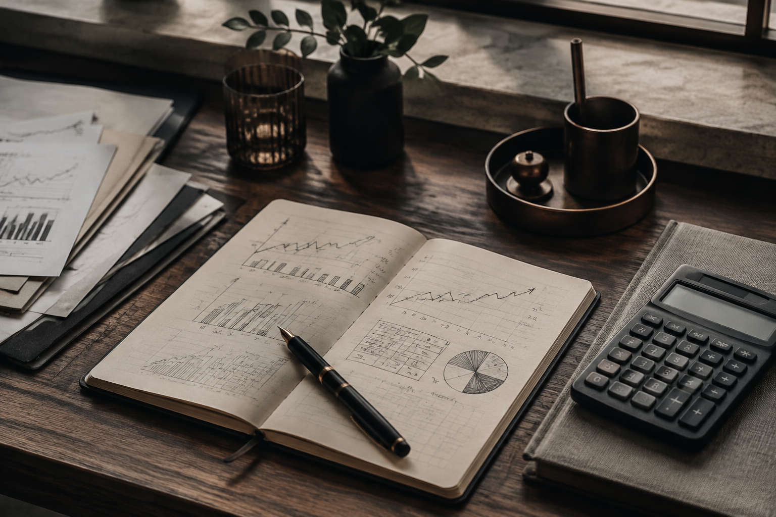 Financial planning notebook, calculator, and business documents arranged on a desk