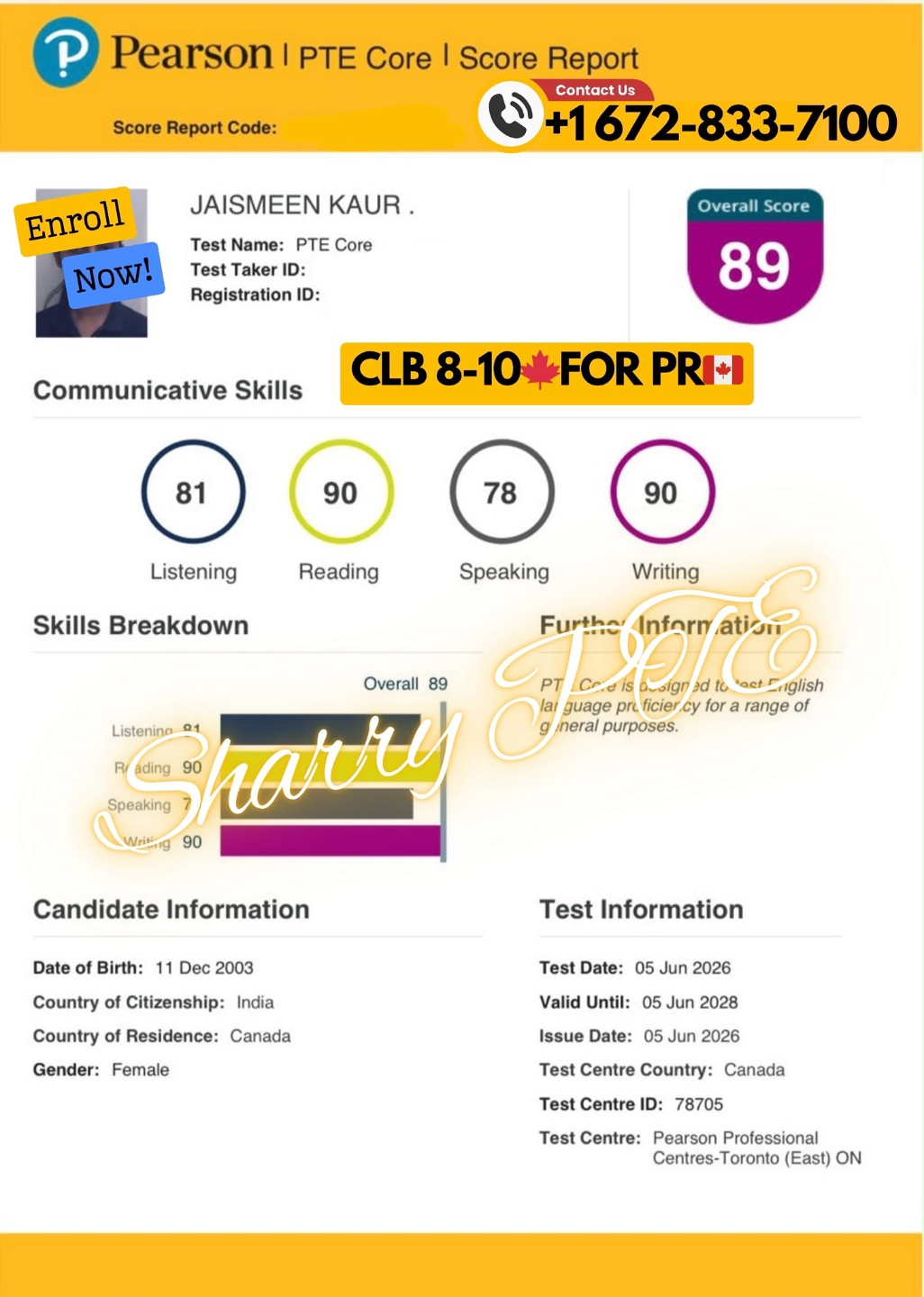 Pearson PTE Core score report — Overall 89, CLB 8-10 for PR