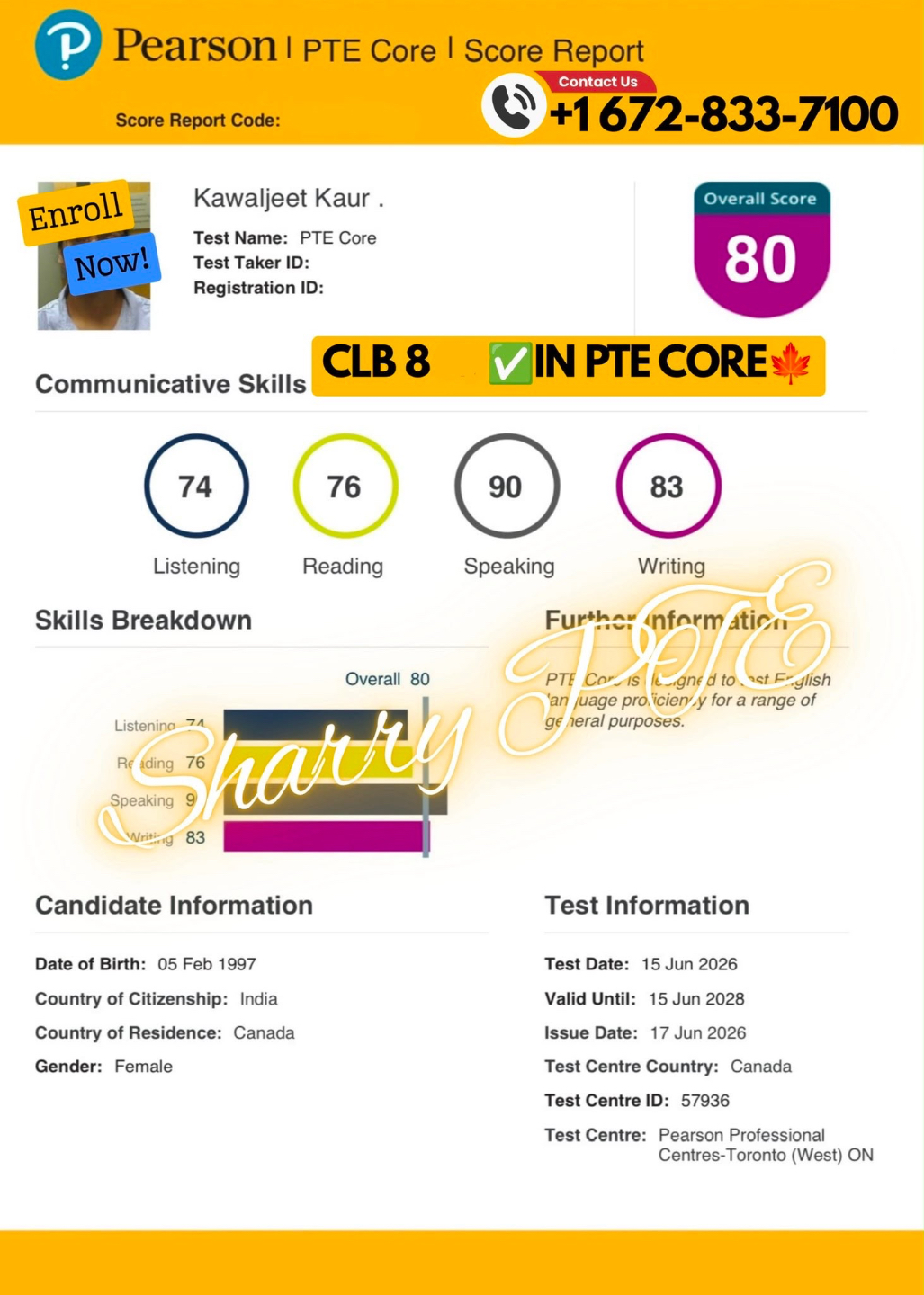 Pearson PTE Core score report — Overall 80, CLB 8 achieved