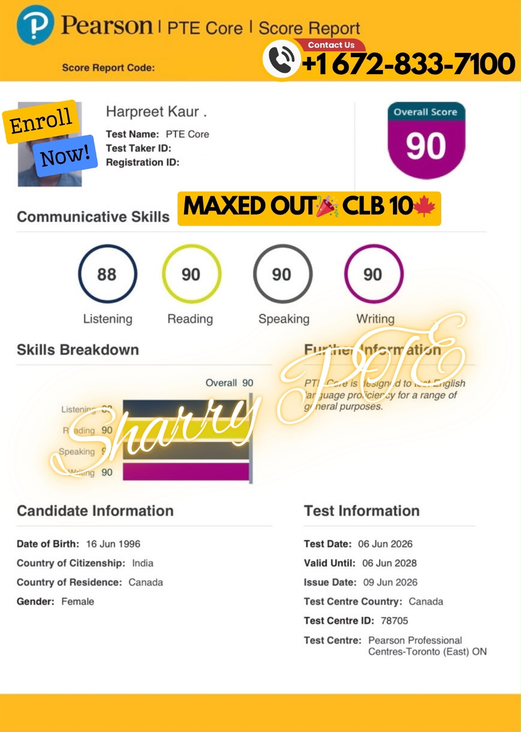 Pearson PTE Core score report — Overall 90, Maxed Out CLB 10
