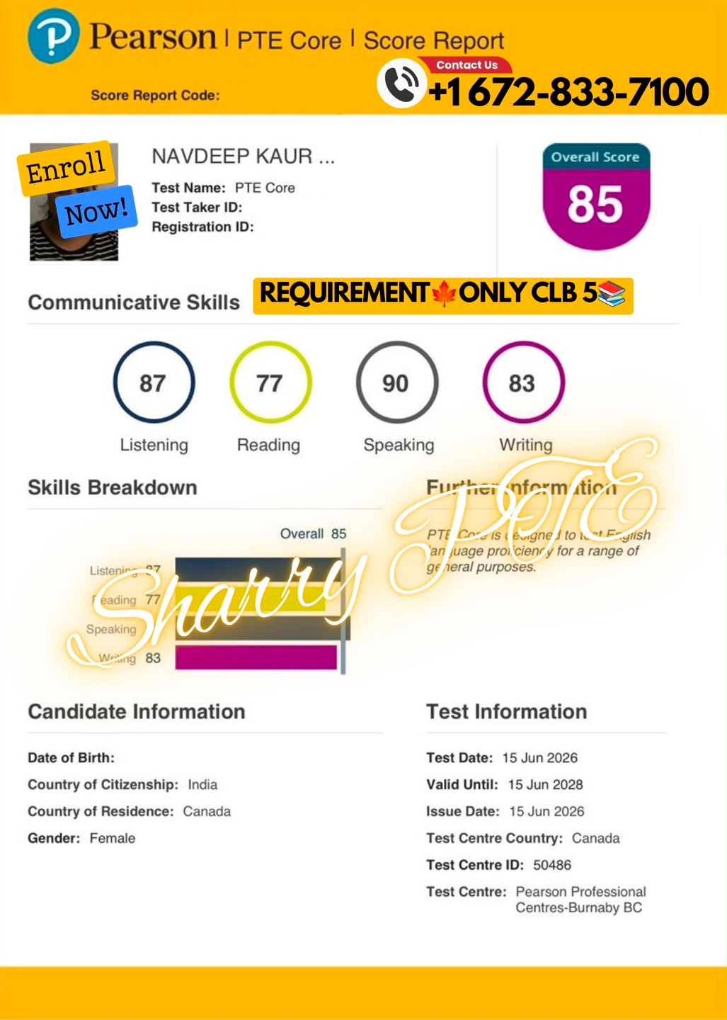 Pearson PTE Core score report — Overall 85, PR pathway result