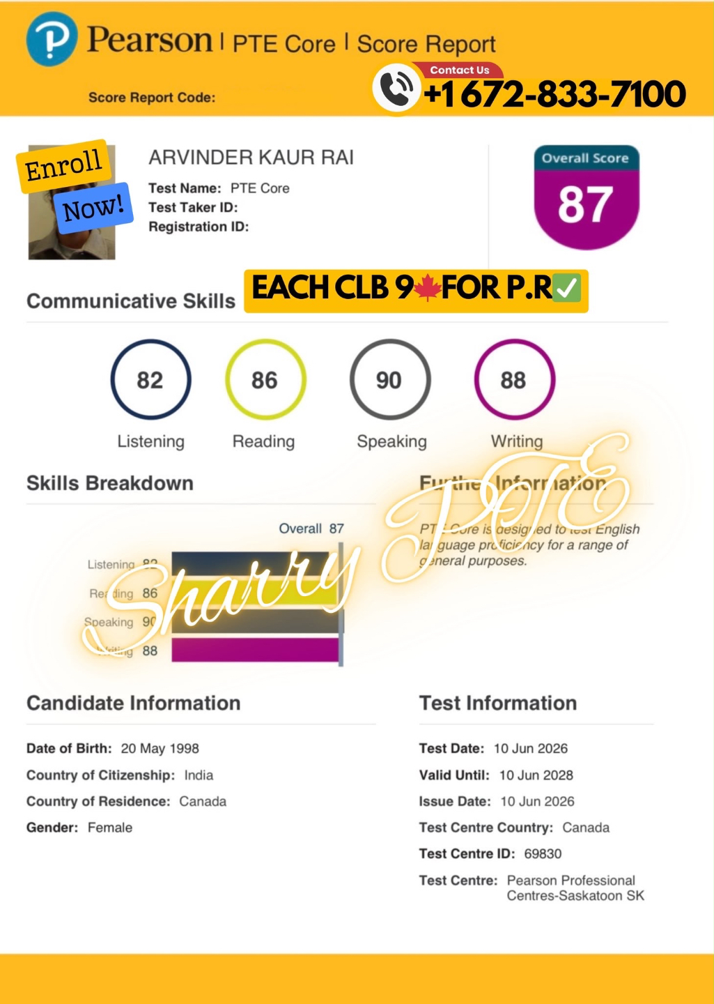 Pearson PTE Core score report — Overall 87, Each CLB 9 for PR