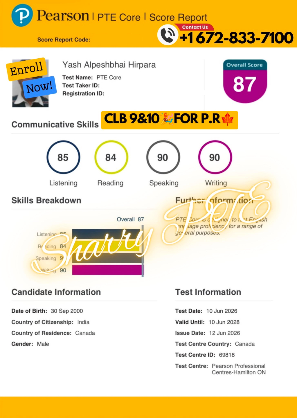 Pearson PTE Core score report — Overall 87, CLB 9 and 10 for PR