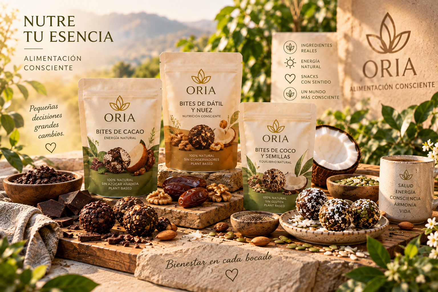 ORIA — Bites de Cacao, Dátil y Nuez, y Coco y Semillas