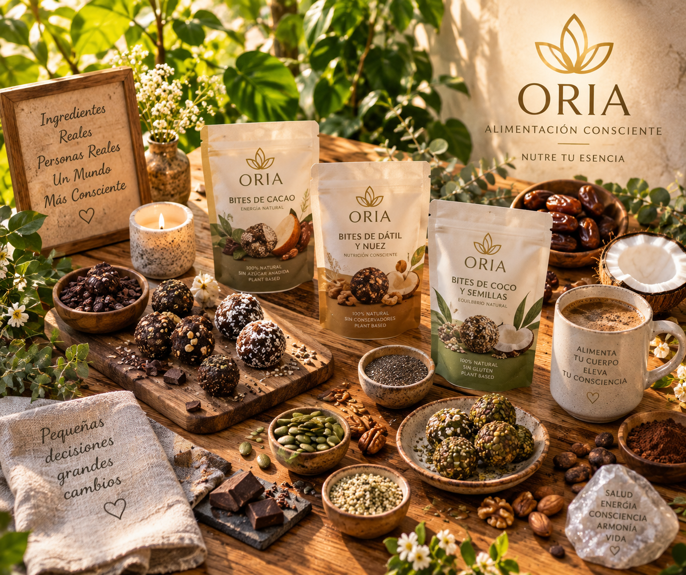 ORIA — Bites de Cacao, Dátil y Nuez, y Coco y Semillas