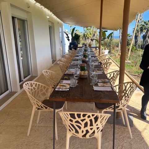 Long outdoor dining table set for a shared meal