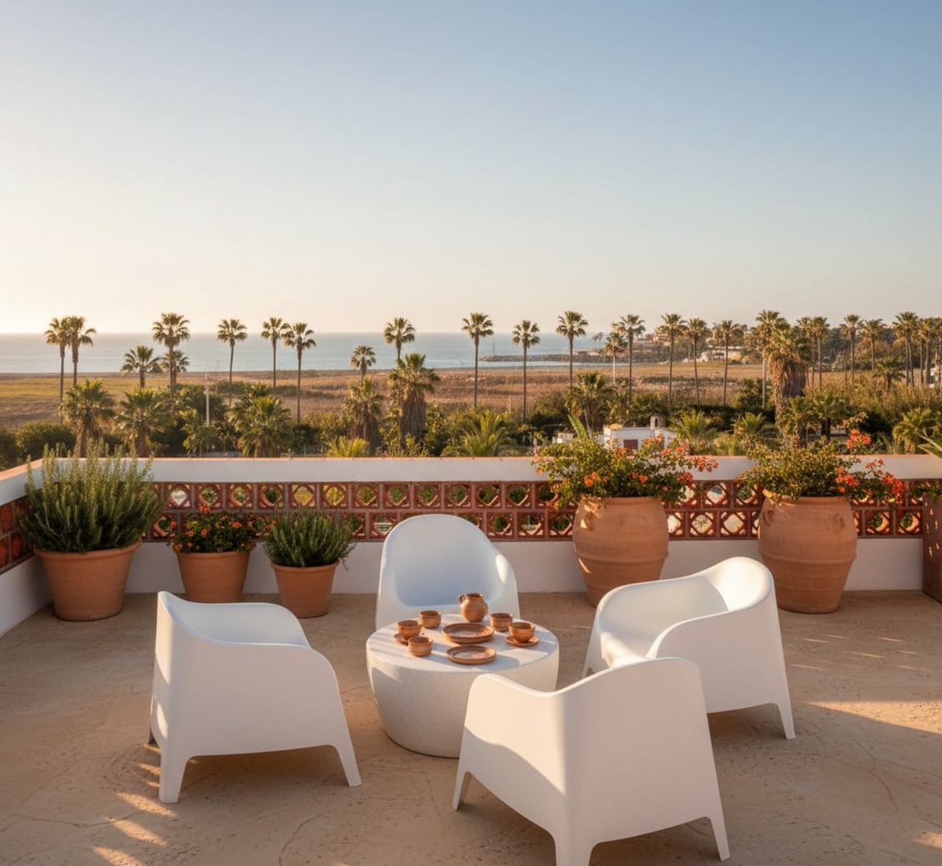 Terrace seating overlooking palm trees and the Mediterranean