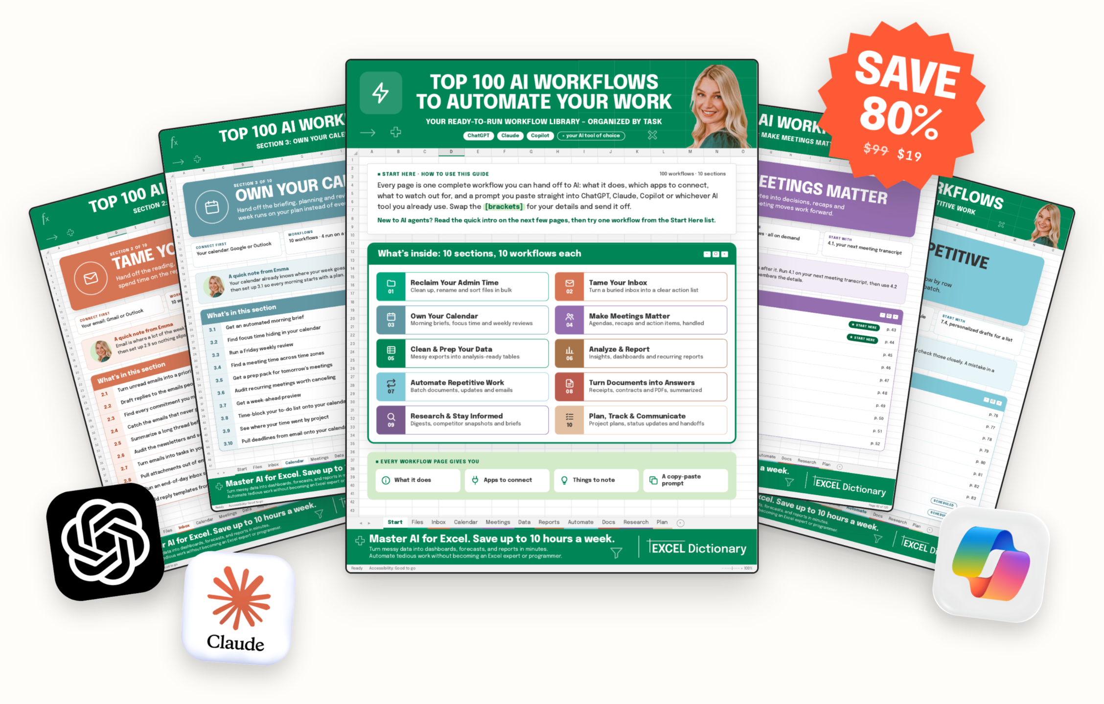 The Top 100 AI Workflows guide: the cover and section pages, with ChatGPT, Claude and Copilot